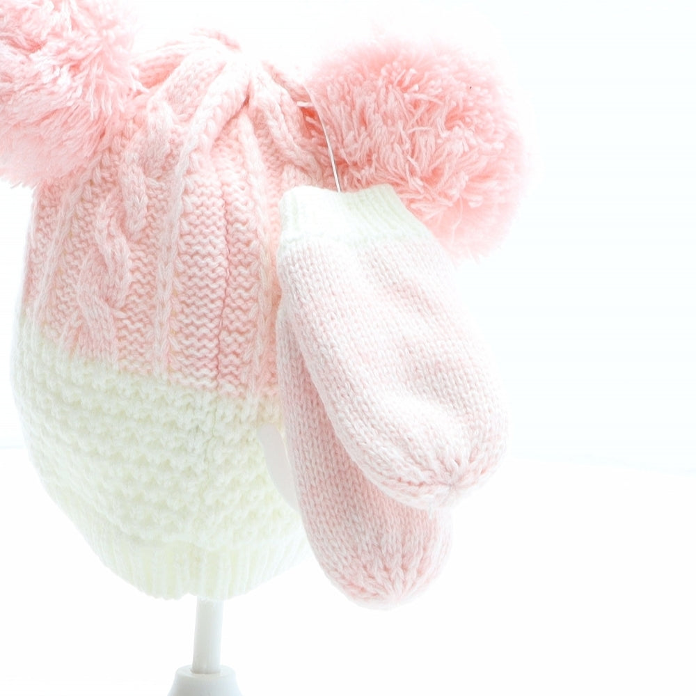 Nutmeg Girls Pink Colourblock Acrylic Bobble Hat One Size - Gloves included