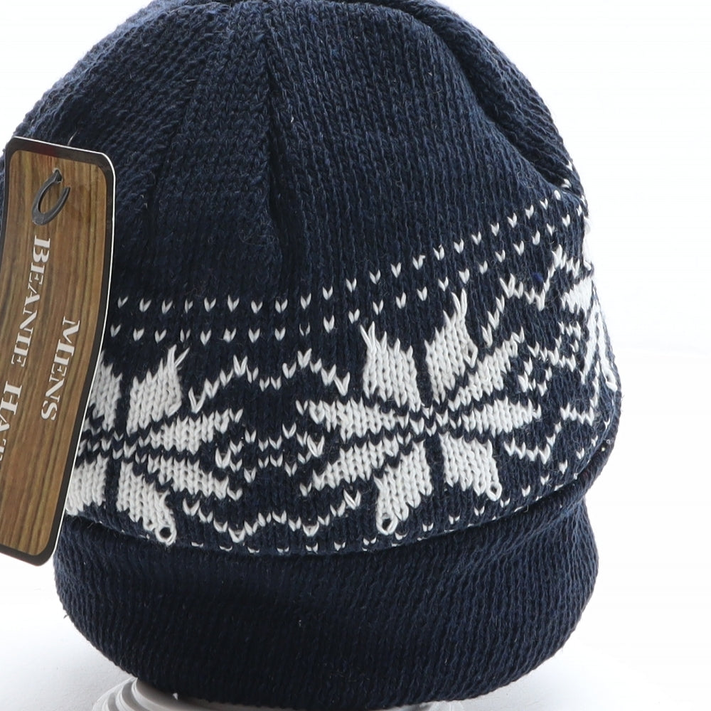 Mens Beanie Hats Mens Blue Fair Isle Acrylic Beanie One Size