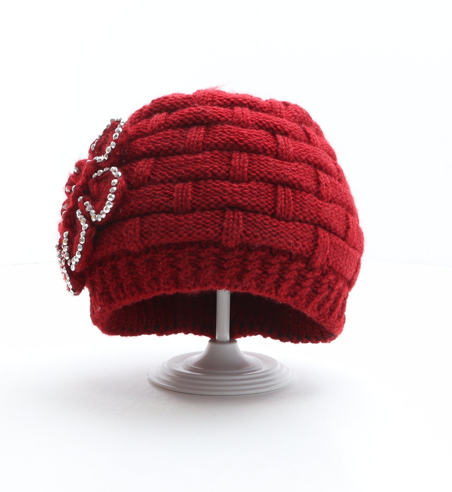 Thomas Calvi Womens Red Polyester Beanie One Size - Flower Detail