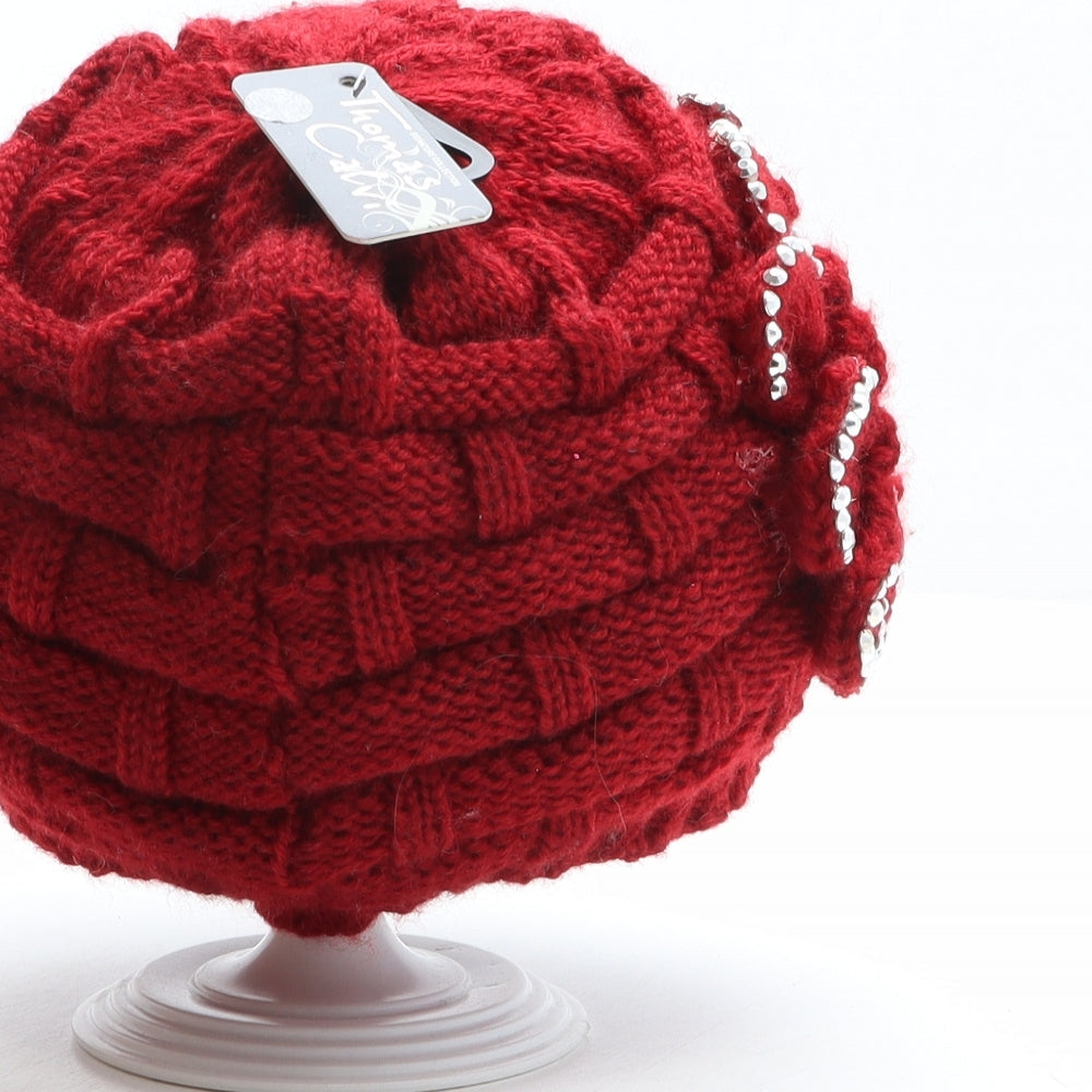 Thomas Calvi Womens Red Polyester Beanie One Size - Flower Detail