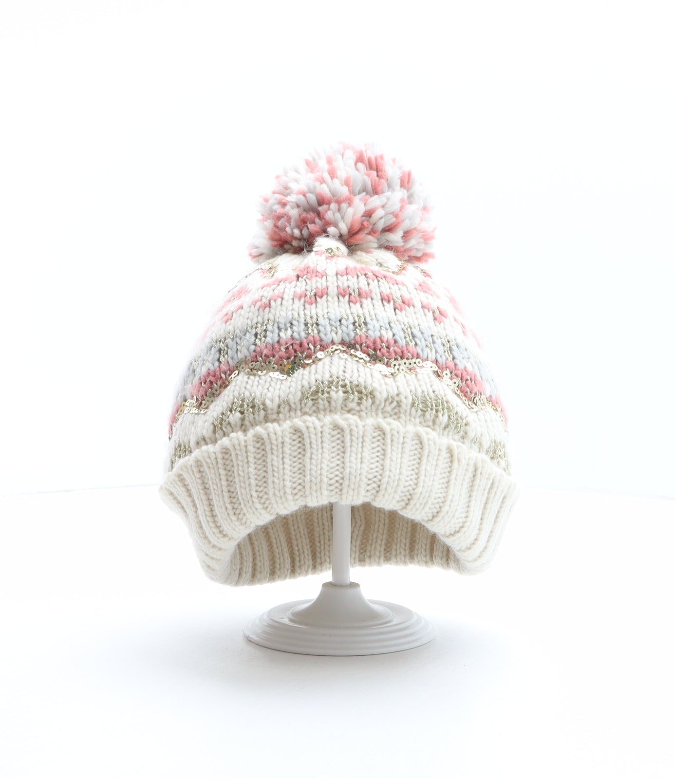 F&F Girls Multicoloured Fair Isle Acrylic Bobble Hat One Size