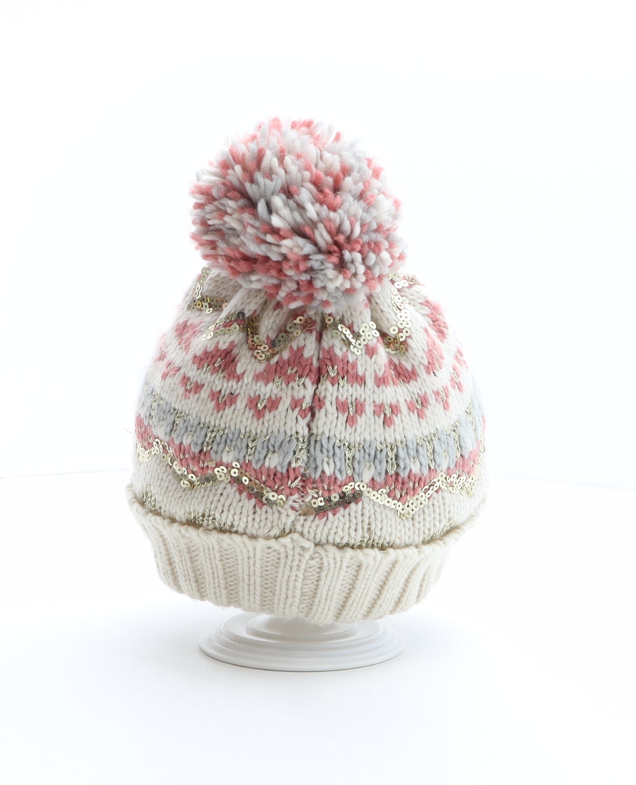 F&F Girls Multicoloured Fair Isle Acrylic Bobble Hat One Size