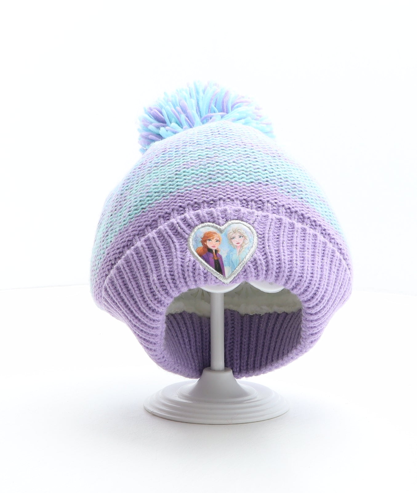 Disney Girls Multicoloured Acrylic Bobble Hat One Size - Frozen Elsa and Anna, Heart detail