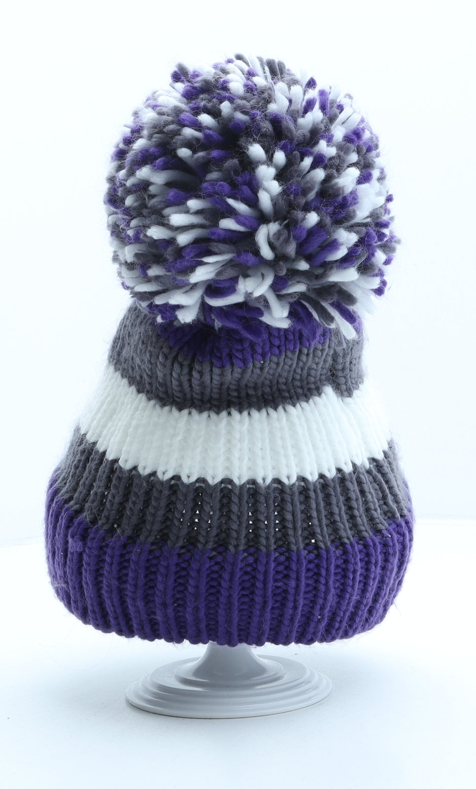 Kingice Womens Purple Striped Acrylic Bobble Hat One Size