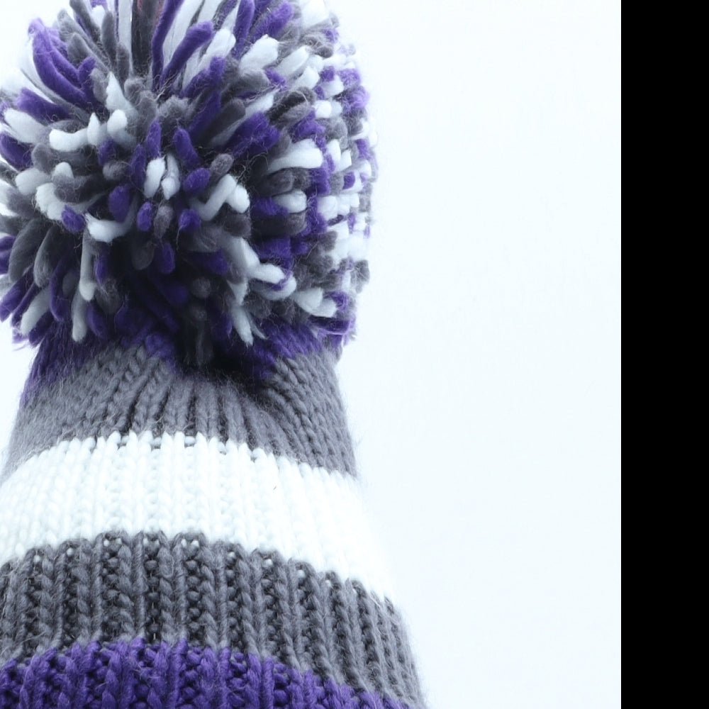 Kingice Womens Purple Striped Acrylic Bobble Hat One Size