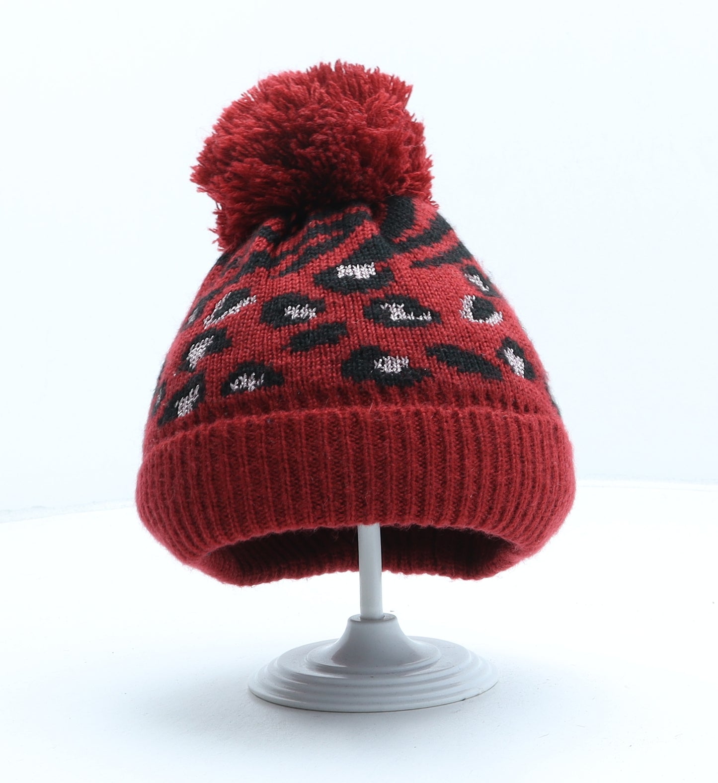 George Girls Red Animal Print Acrylic Bobble Hat One Size - Leopard print