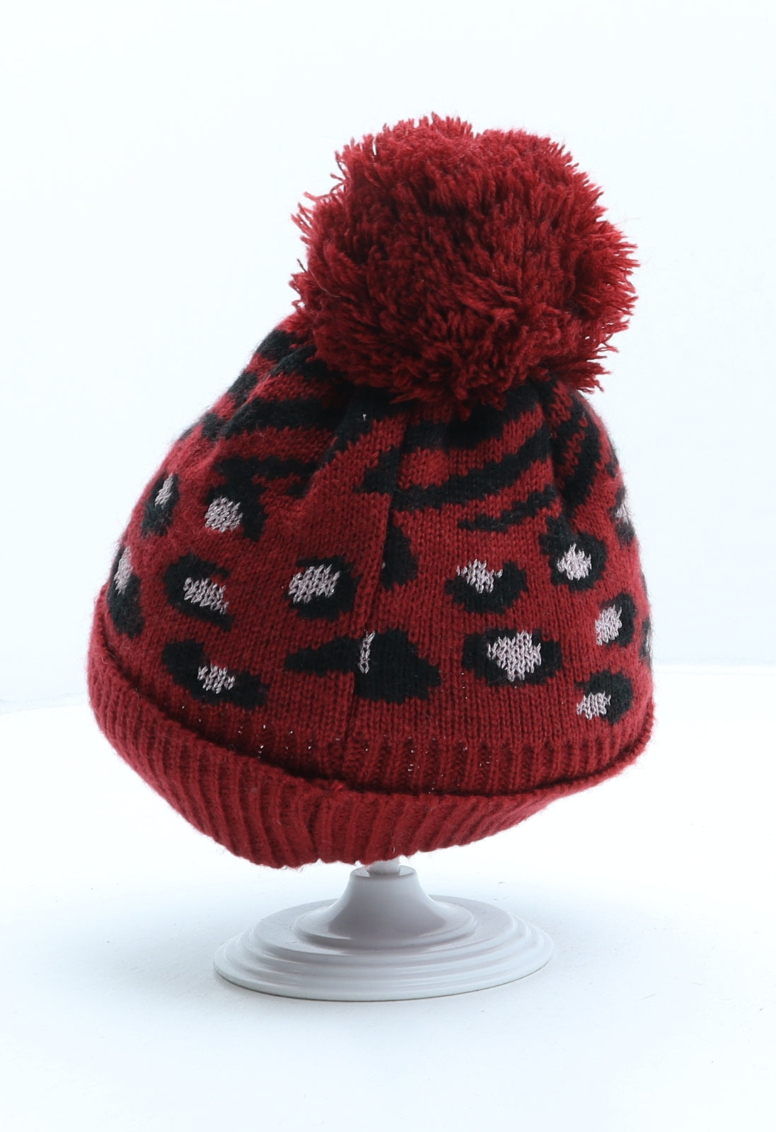 George Girls Red Animal Print Acrylic Bobble Hat One Size - Leopard print