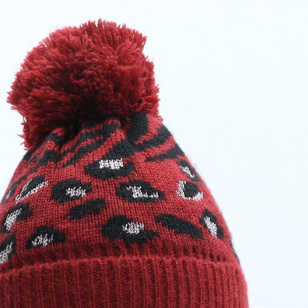 George Girls Red Animal Print Acrylic Bobble Hat One Size - Leopard print