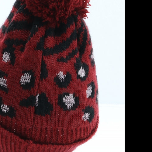 George Girls Red Animal Print Acrylic Bobble Hat One Size - Leopard print