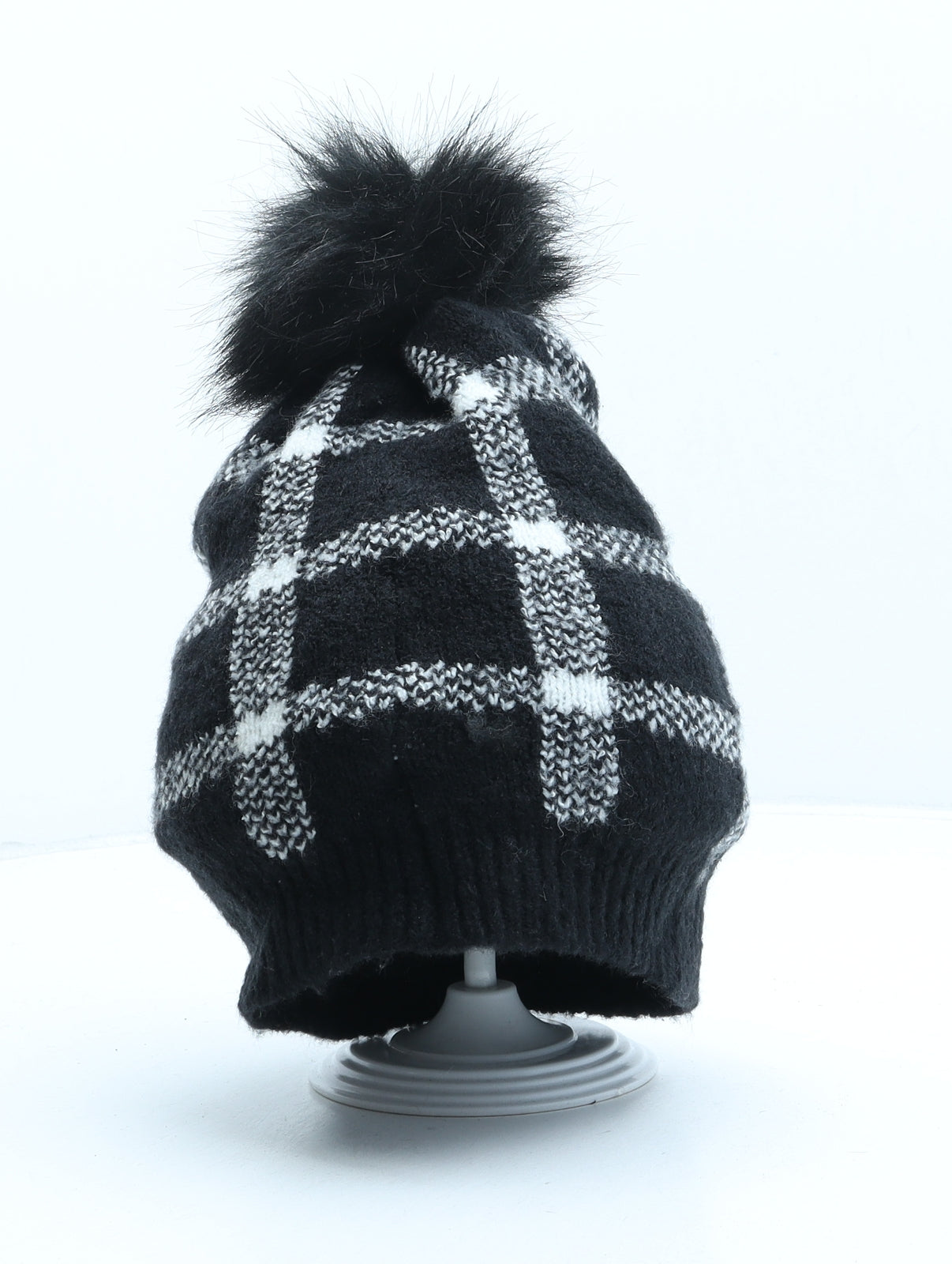 Vince Camuto Womens Black Check Acrylic Bobble Hat One Size