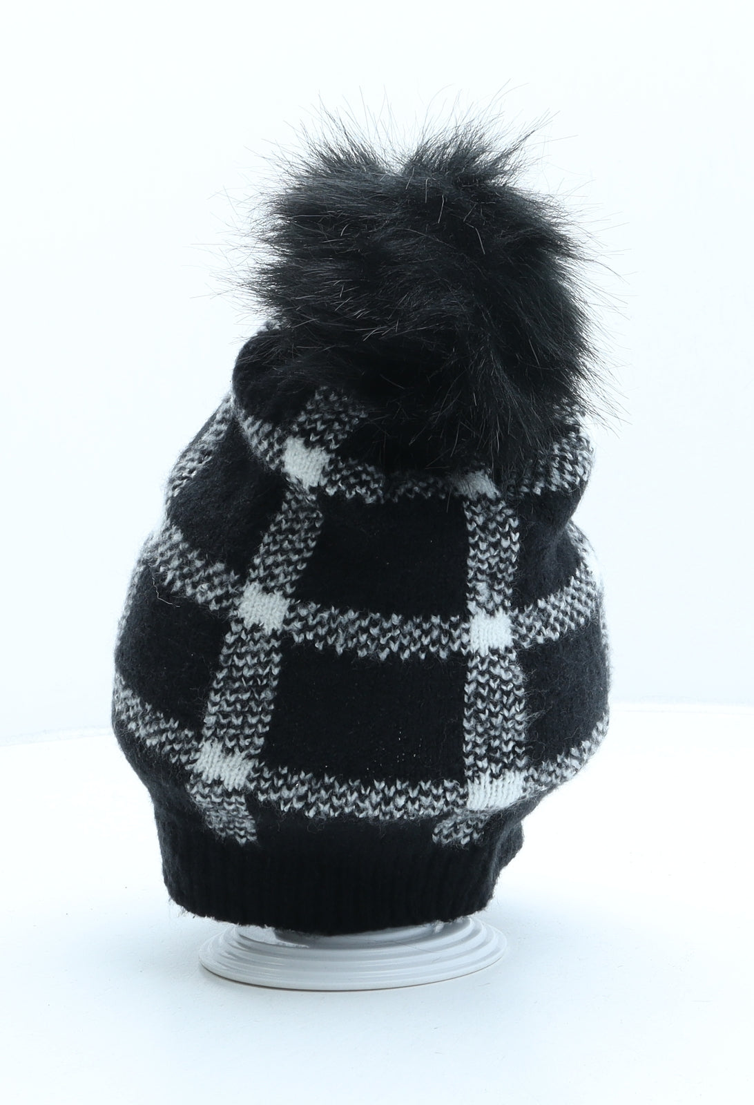 Vince Camuto Womens Black Check Acrylic Bobble Hat One Size