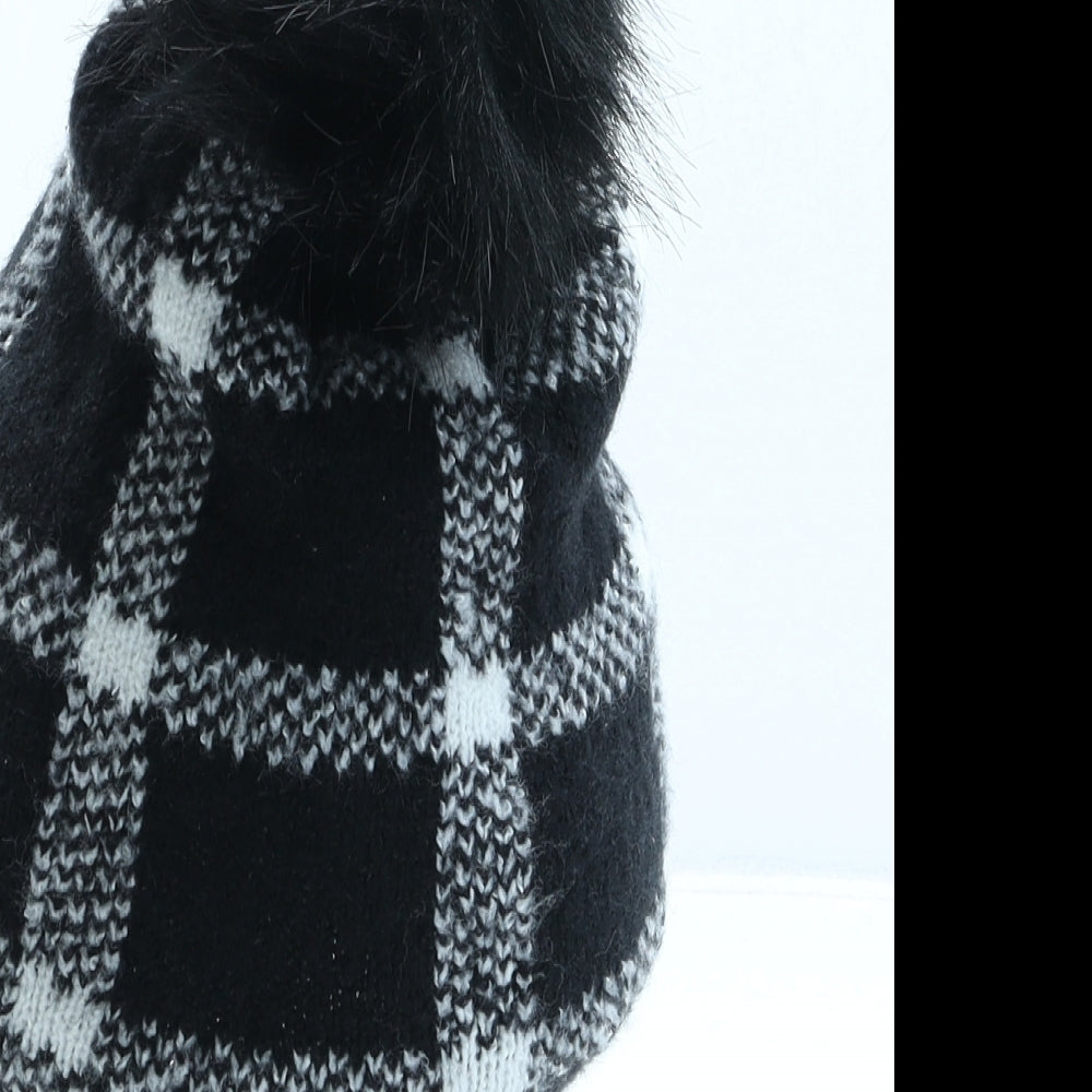 Vince Camuto Womens Black Check Acrylic Bobble Hat One Size