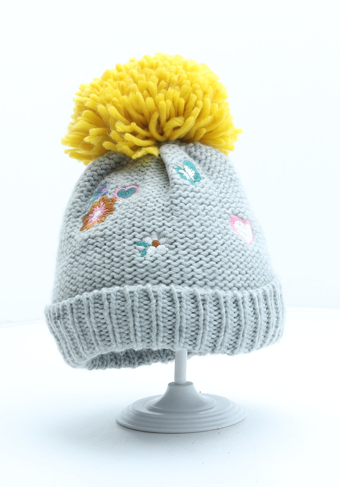 George Girls Grey Floral Acrylic Bobble Hat One Size