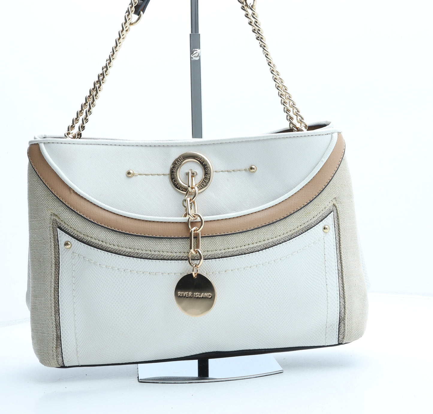 River Island Womens Beige Colorblock Polyurethane Top Handle Bag Size Medium