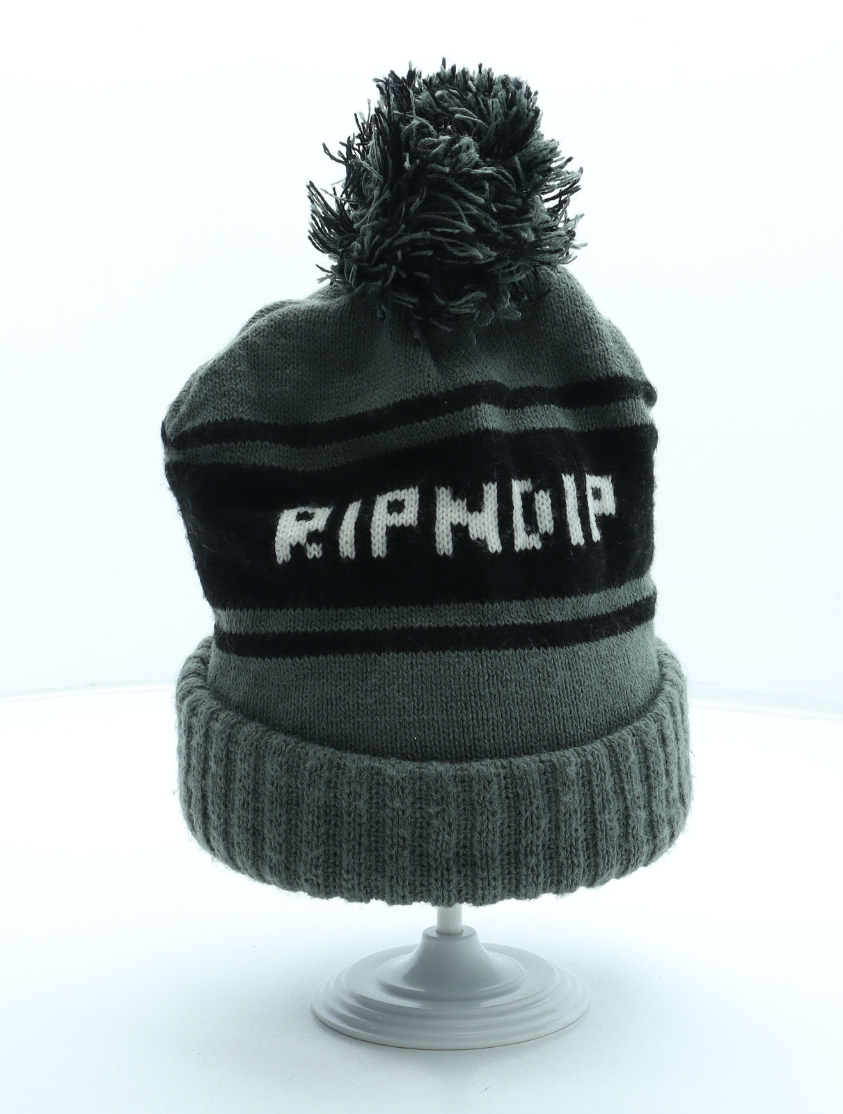 Rip N Dip Mens Green Striped Acrylic Beanie One Size - Logo Pom Pom