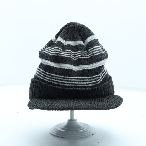 Preworn Mens Grey Striped Acrylic Beanie One Size - Peaked front