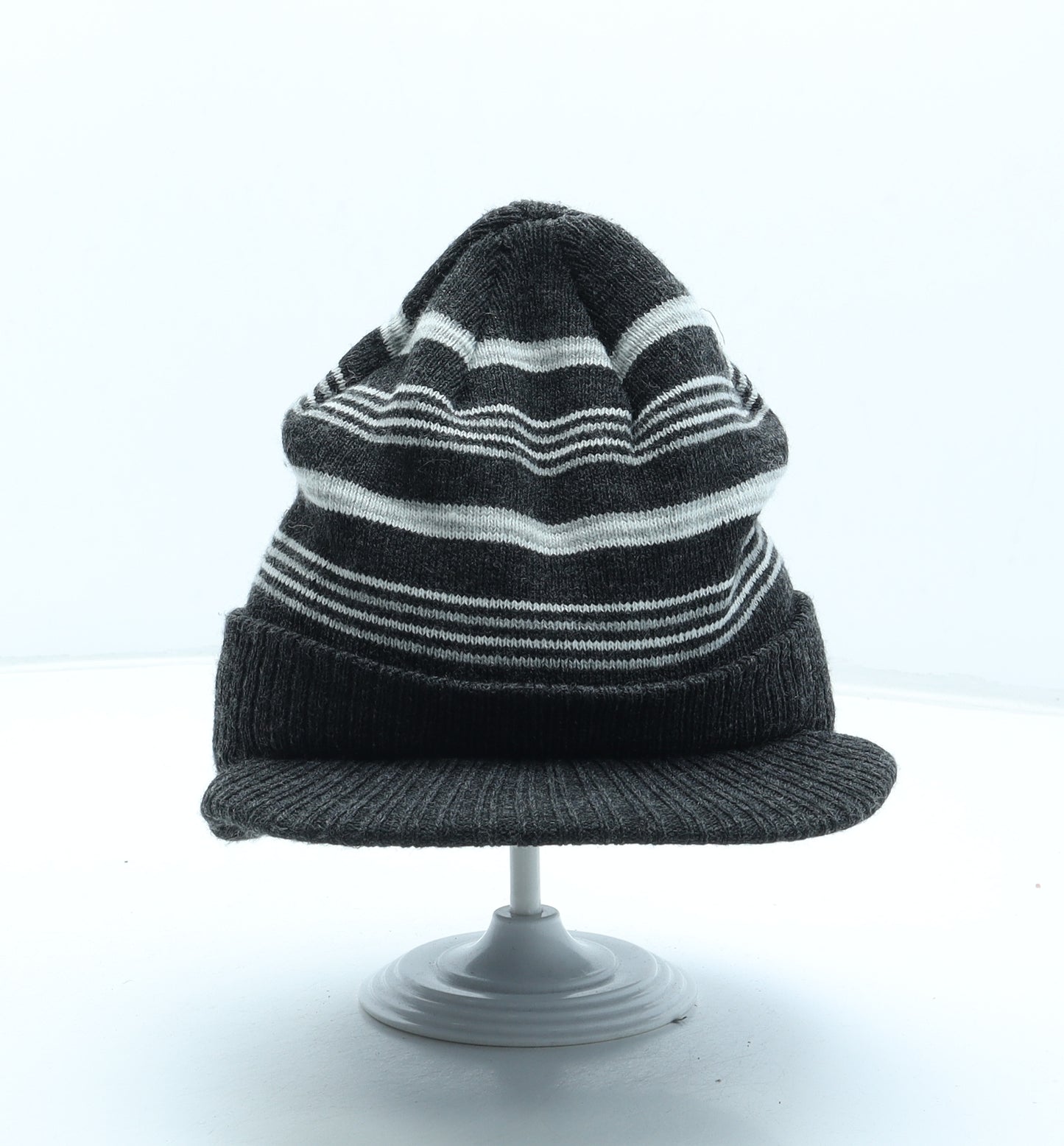 Preworn Mens Grey Striped Acrylic Beanie One Size - Peaked front
