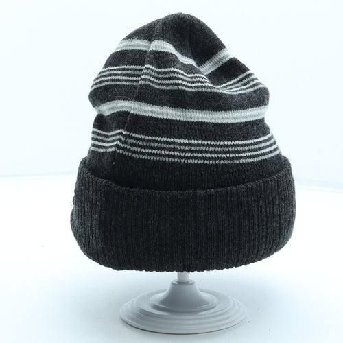 Preworn Mens Grey Striped Acrylic Beanie One Size - Peaked front