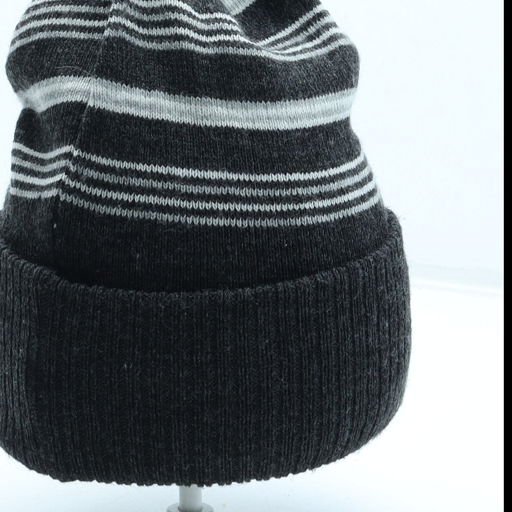 Preworn Mens Grey Striped Acrylic Beanie One Size - Peaked front