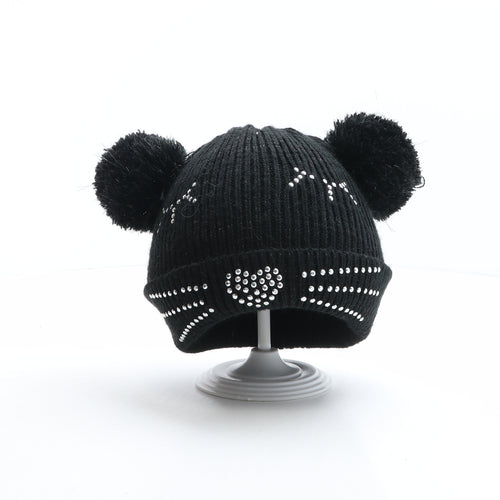 Debenhams Girls Black Acrylic Bobble Hat One Size - Cat Design