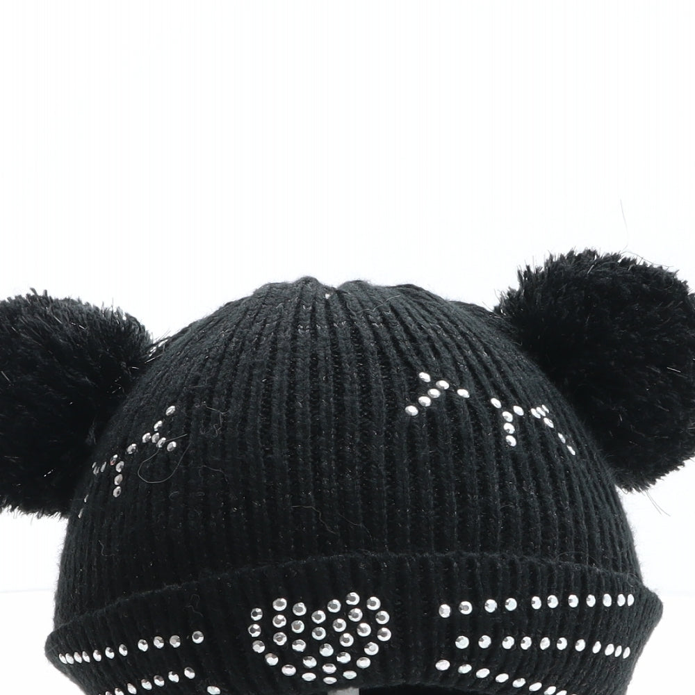 Debenhams Girls Black Acrylic Bobble Hat One Size - Cat Design