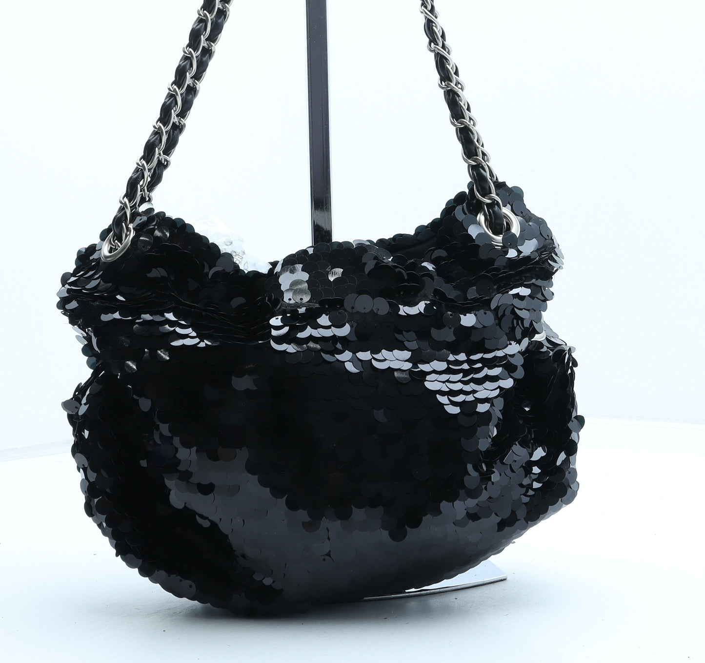 Preworn Womens Black Newsprint Polyester Shoulder Bag Size Small