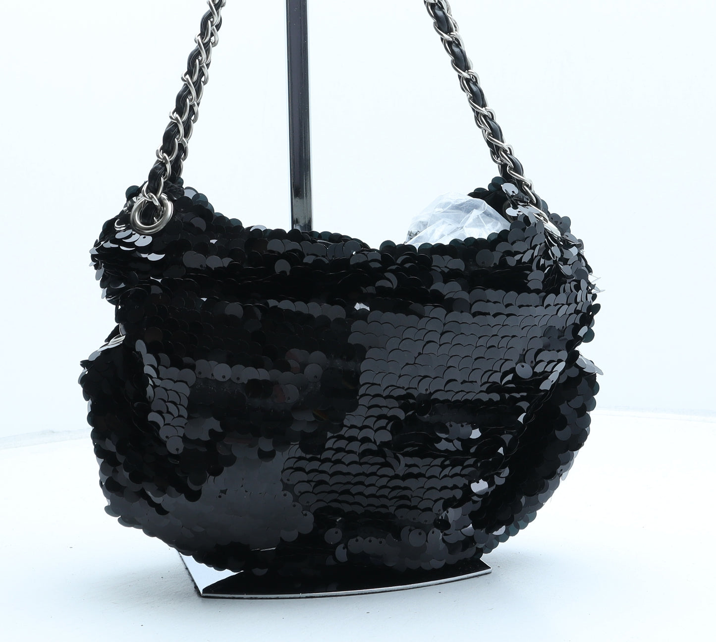 Preworn Womens Black Newsprint Polyester Shoulder Bag Size Small
