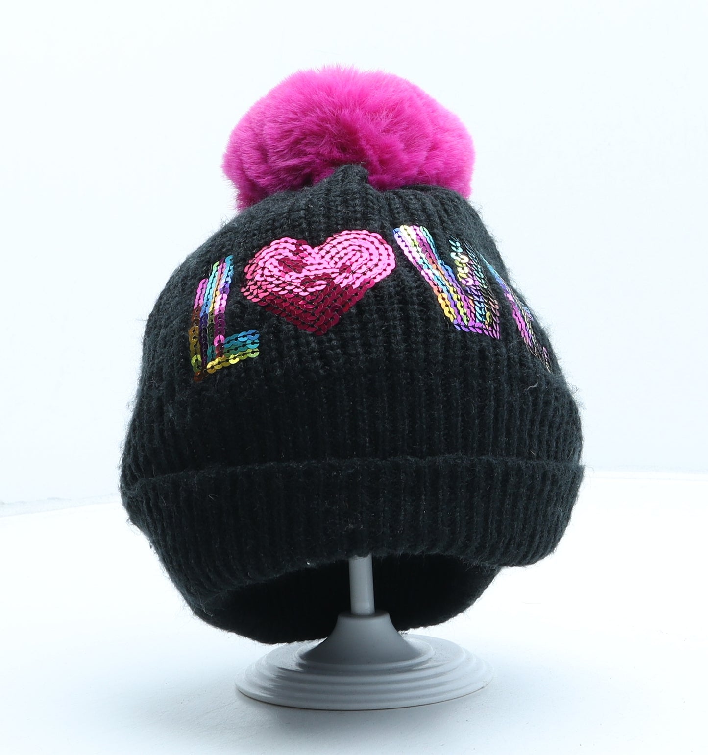 George Girls Black Acrylic Bobble Hat One Size - Love