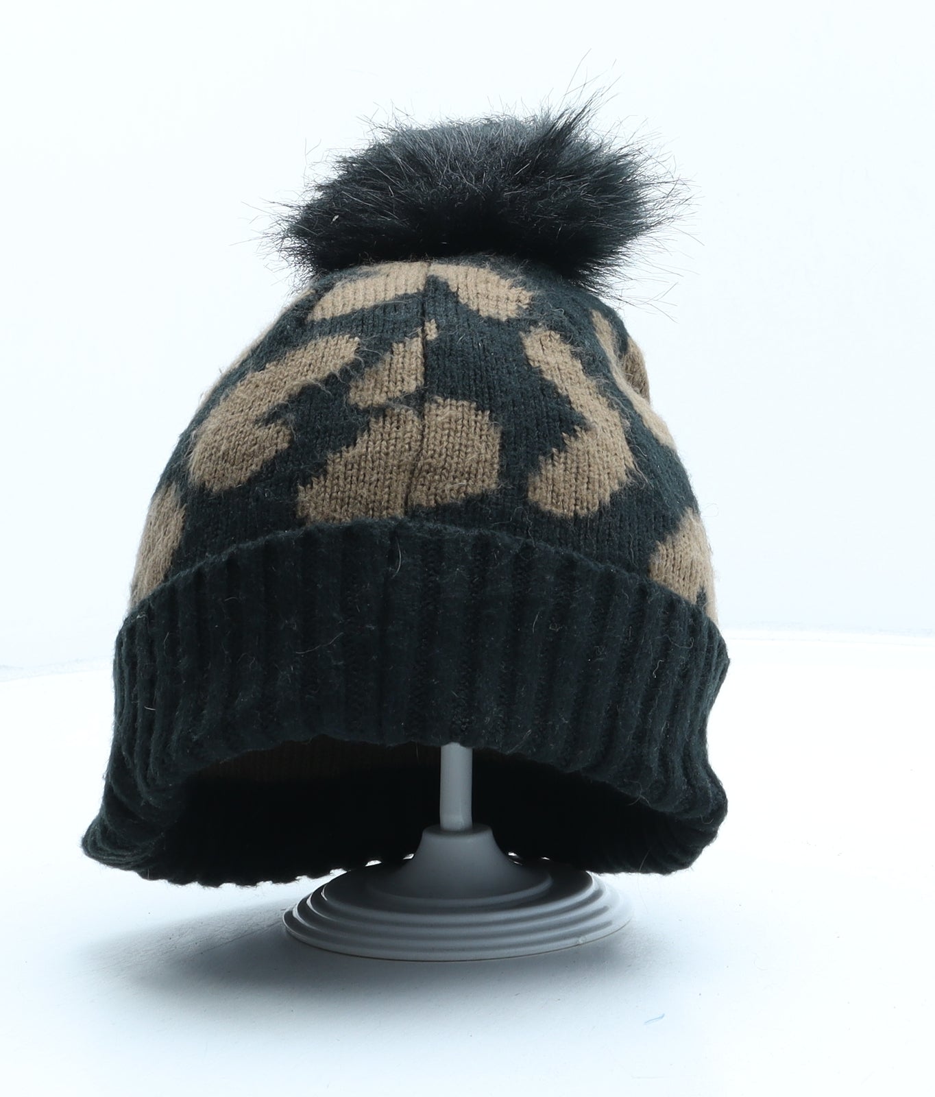 Primark Womens Brown Animal Print Acrylic Bobble Hat One Size - Leopard print