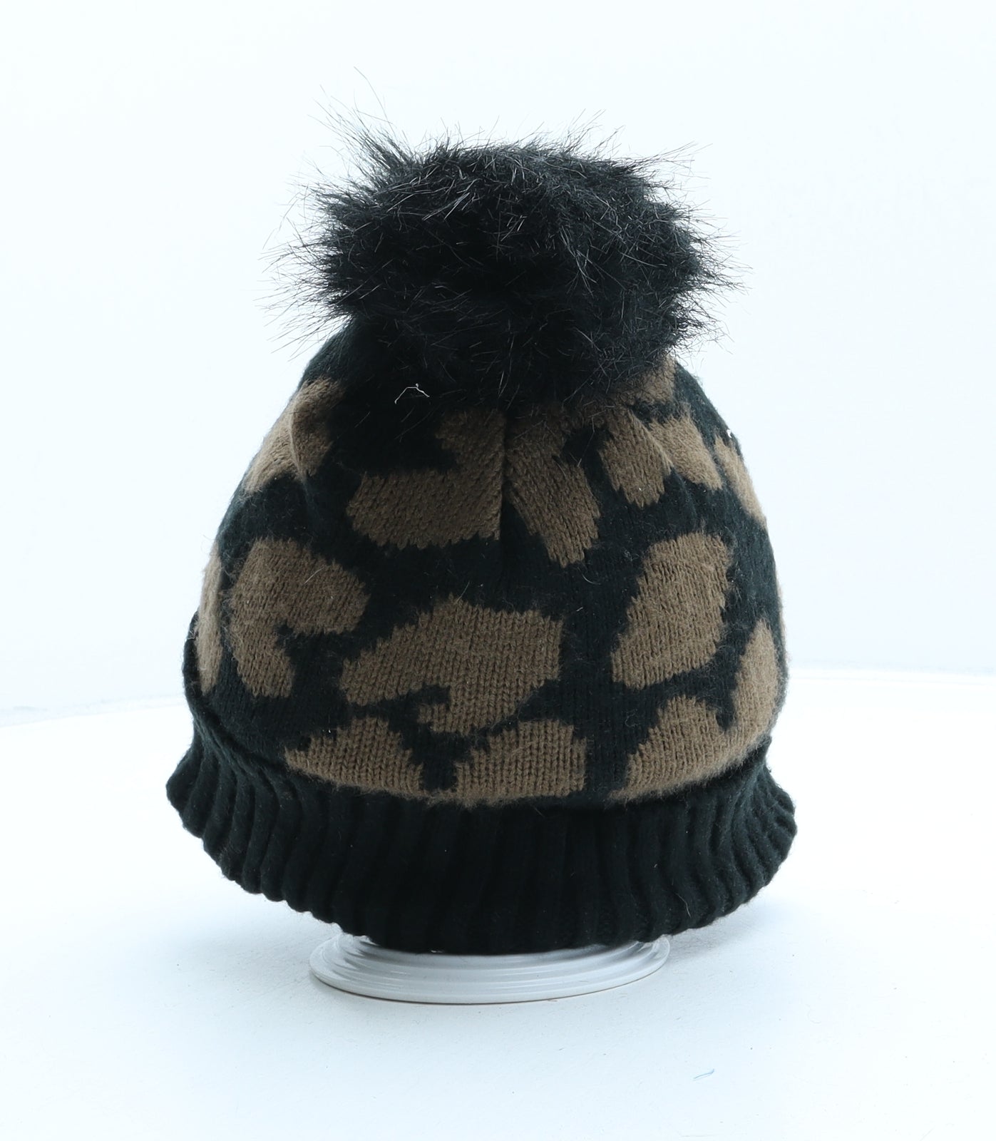 Primark Womens Brown Animal Print Acrylic Bobble Hat One Size - Leopard print