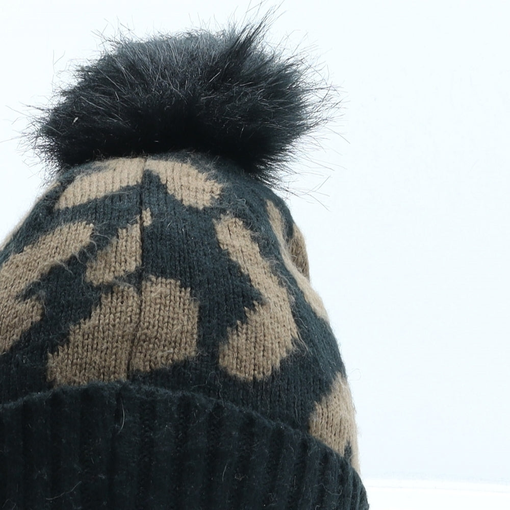 Primark Womens Brown Animal Print Acrylic Bobble Hat One Size - Leopard print