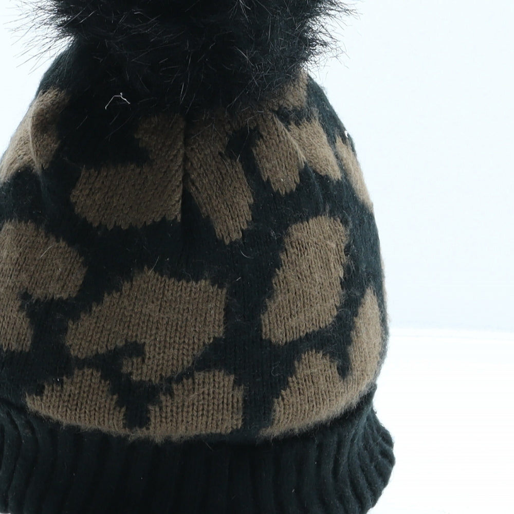 Primark Womens Brown Animal Print Acrylic Bobble Hat One Size - Leopard print