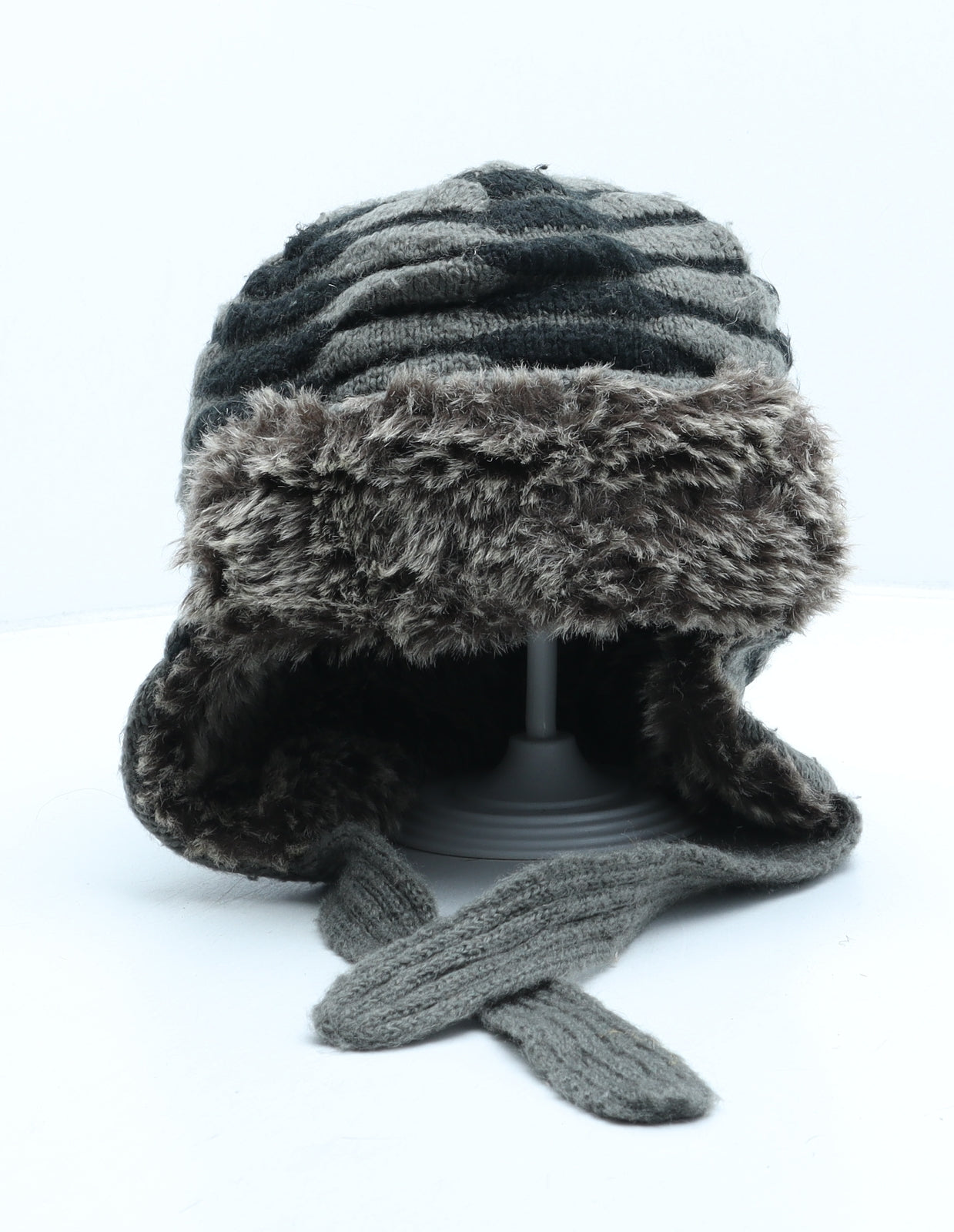 Oxylane Mens Grey Striped Polyester Trapper Hat One Size - Faux Fur