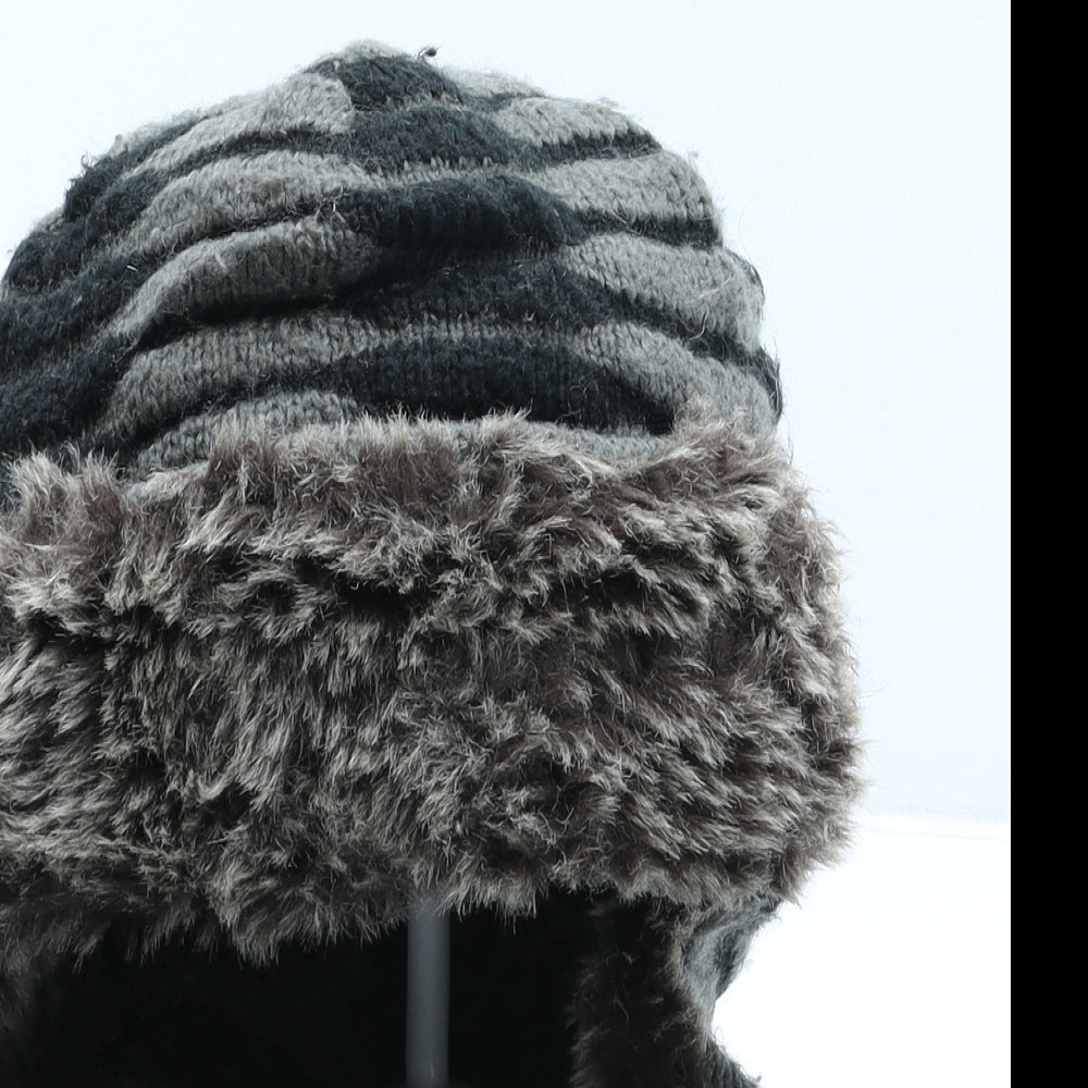 Oxylane Mens Grey Striped Polyester Trapper Hat One Size - Faux Fur