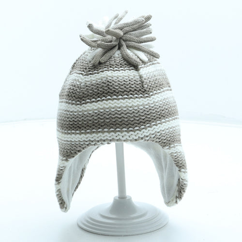 Preworn Boys Brown Striped Acrylic Bobble Hat Size S - Pom Pom