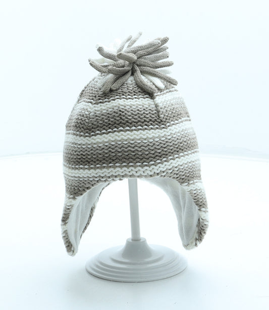 Preworn Boys Brown Striped Acrylic Bobble Hat Size S - Pom Pom