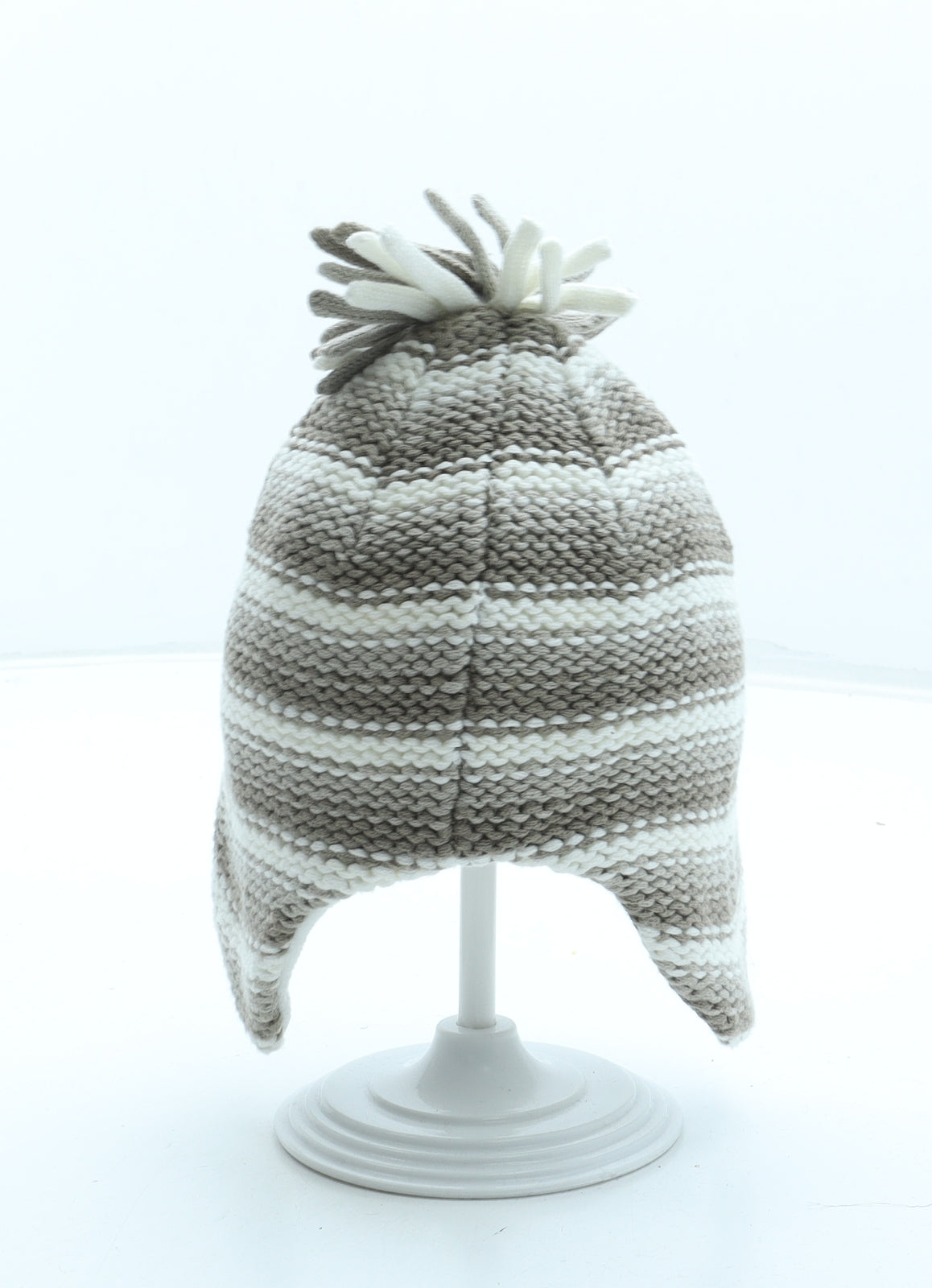 Preworn Boys Brown Striped Acrylic Bobble Hat Size S - Pom Pom