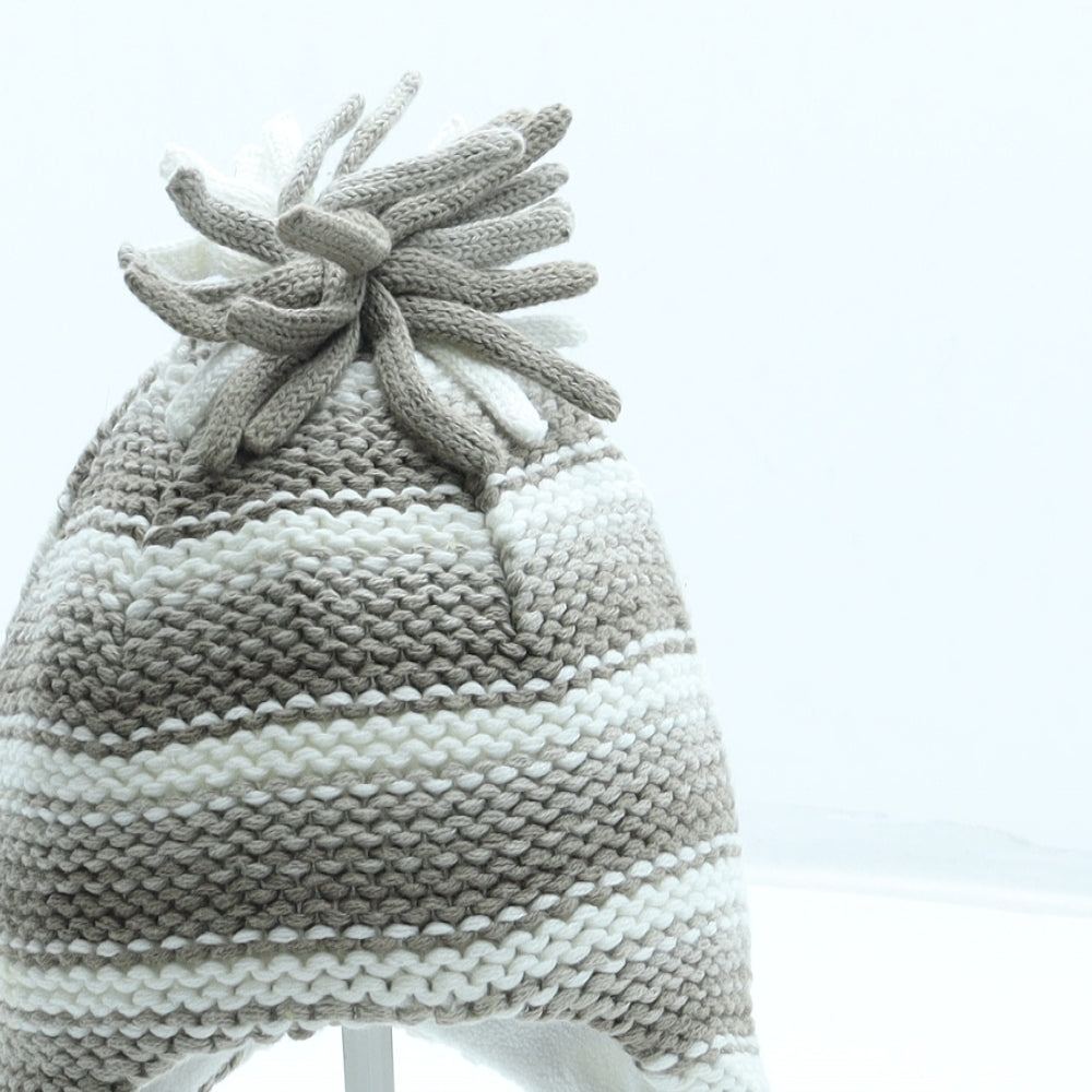 Preworn Boys Brown Striped Acrylic Bobble Hat Size S - Pom Pom