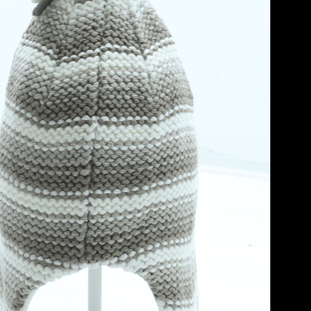Preworn Boys Brown Striped Acrylic Bobble Hat Size S - Pom Pom