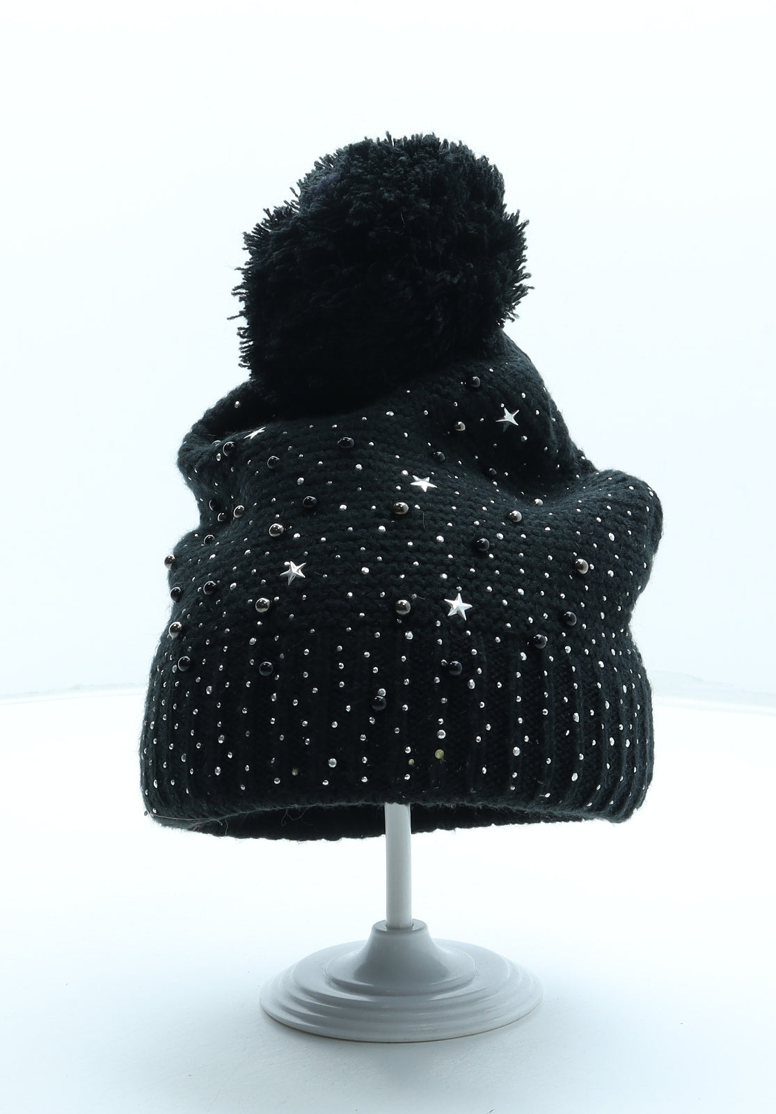 F&F Womens Black Geometric Acrylic Bobble Hat One Size - Stars