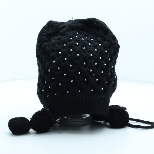 Preworn Womens Black Acrylic Beanie One Size - Pom Pom