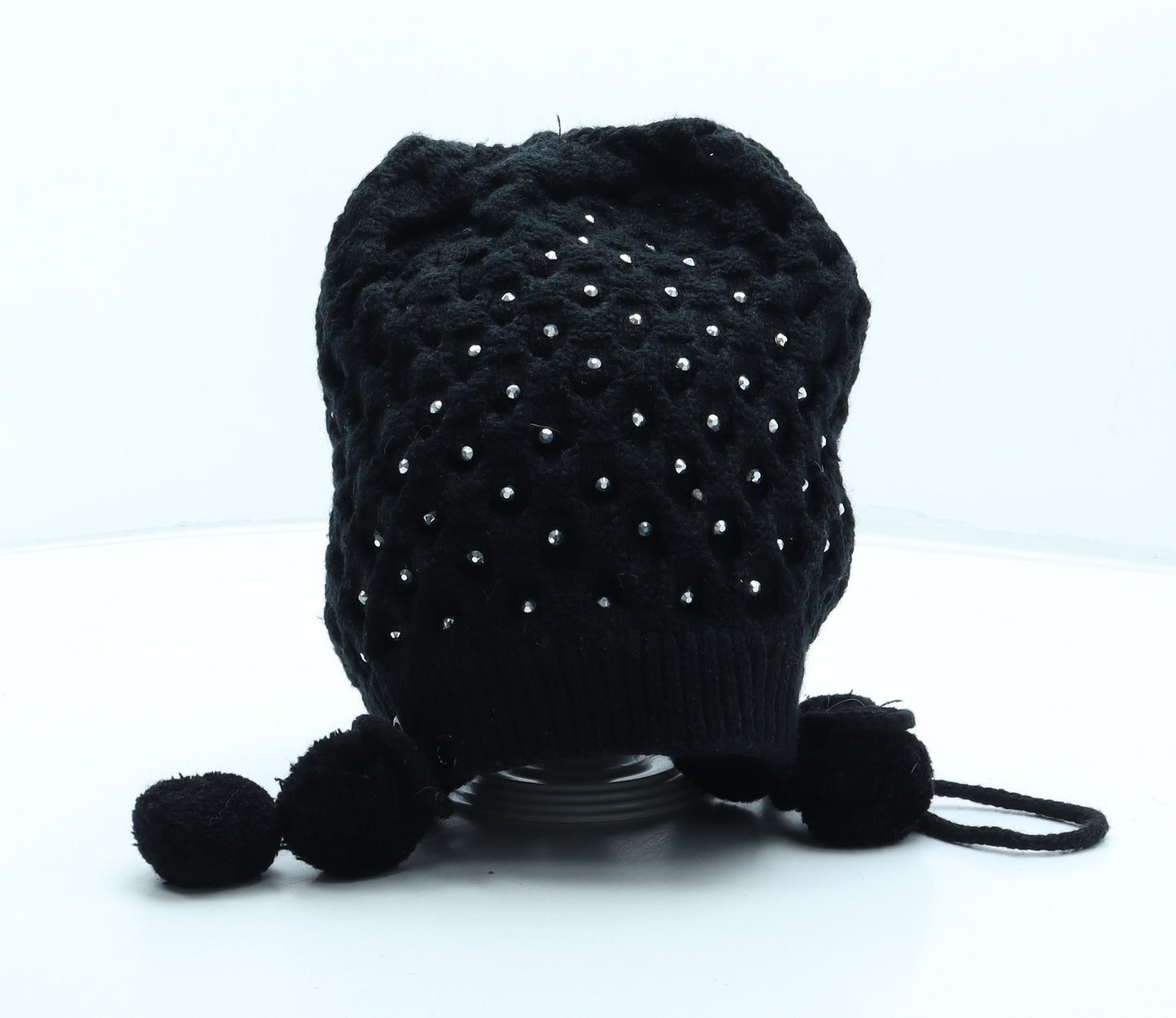 Preworn Womens Black Acrylic Beanie One Size - Pom Pom