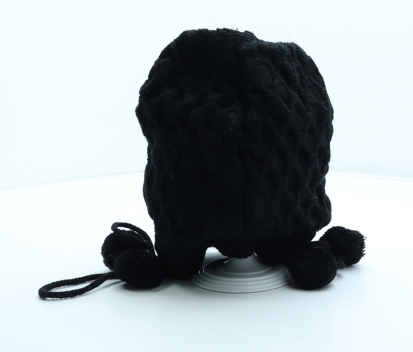 Preworn Womens Black Acrylic Beanie One Size - Pom Pom