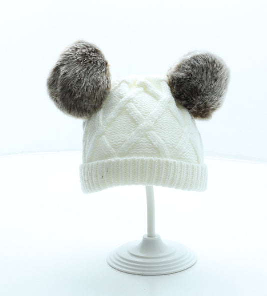 F&F Girls White Acrylic Bobble Hat One Size - Faux Fur