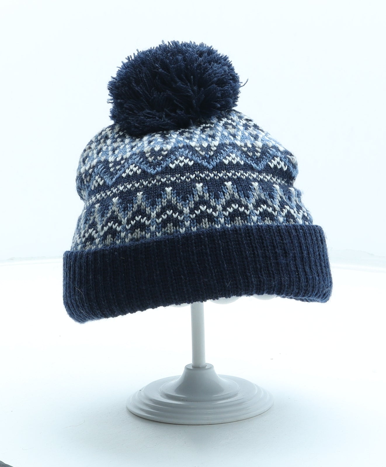 Primark Mens Blue Geometric Acrylic Beanie Size S - Pom Pom