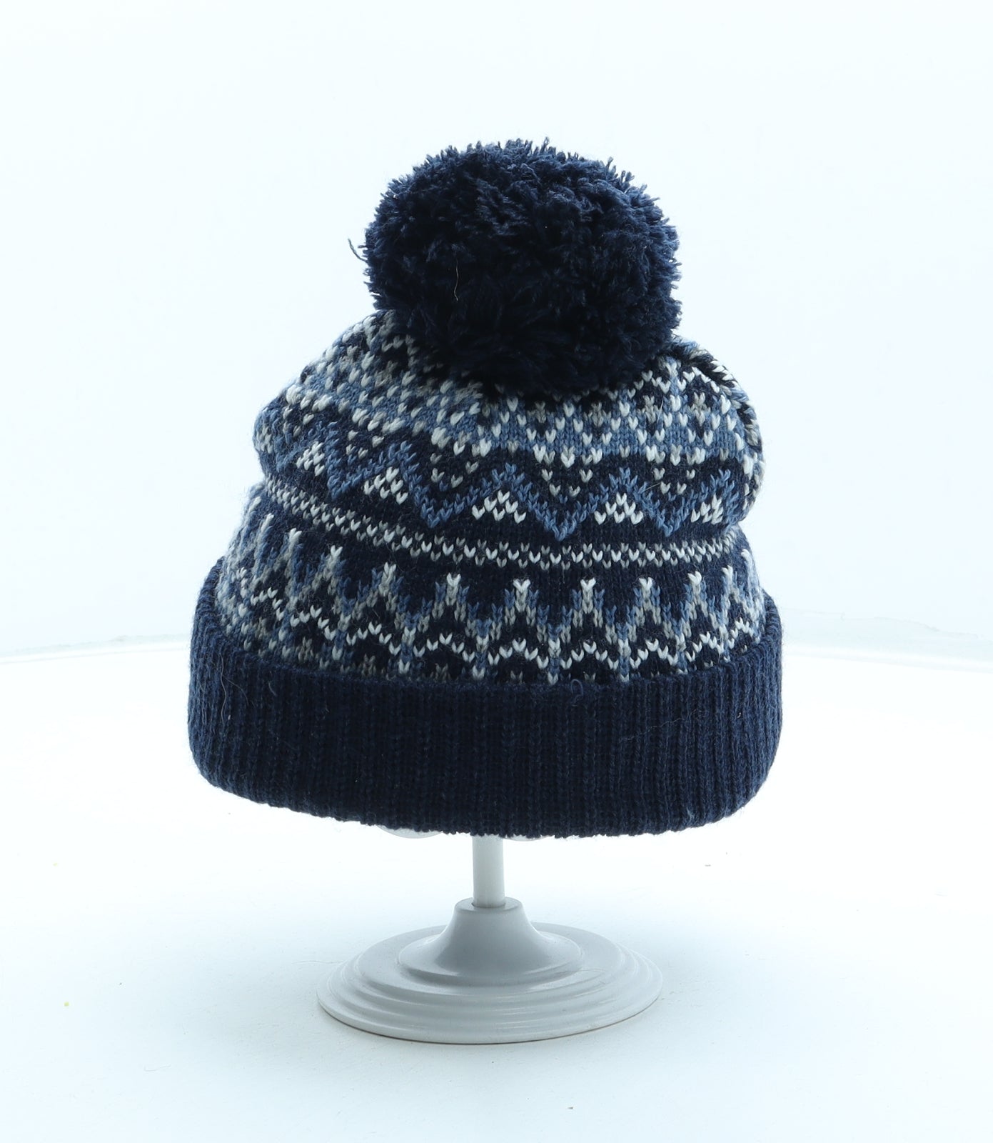 Primark Mens Blue Geometric Acrylic Beanie Size S - Pom Pom