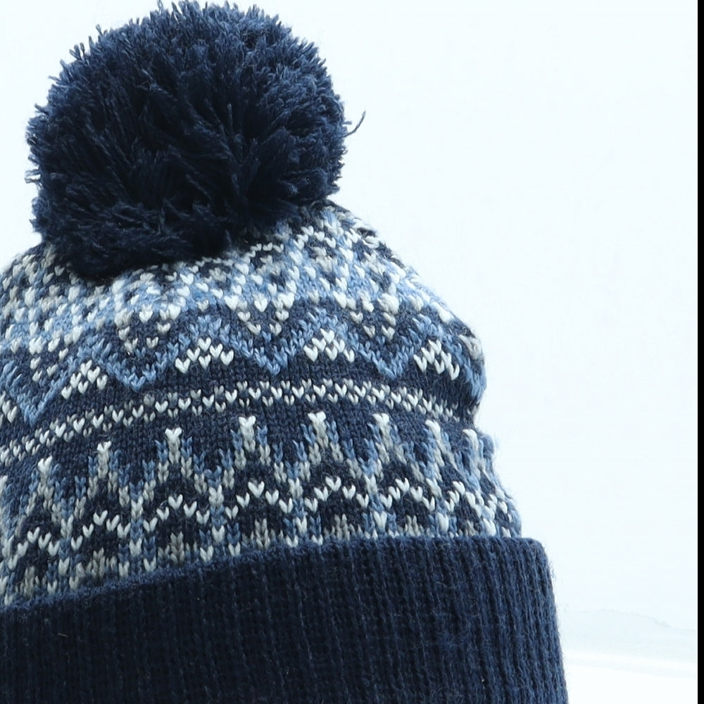 Primark Mens Blue Geometric Acrylic Beanie Size S - Pom Pom