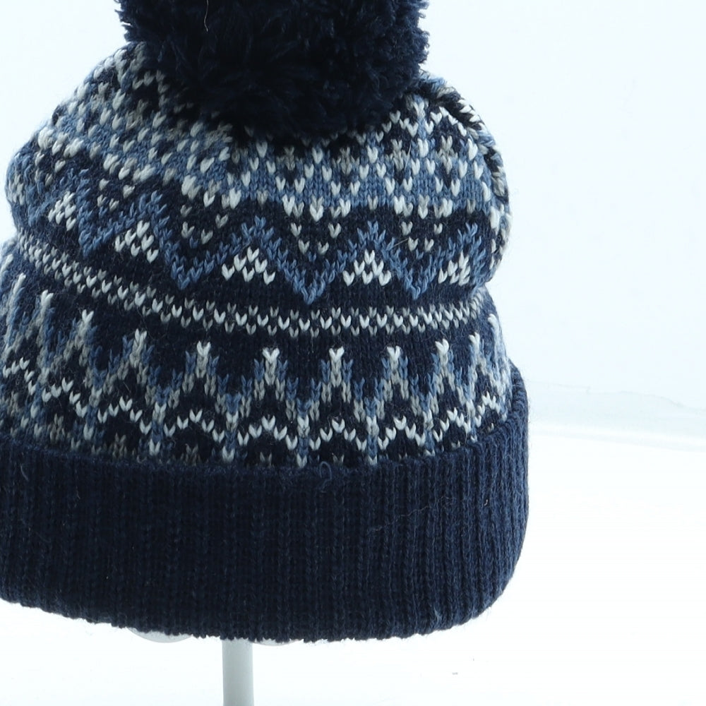 Primark Mens Blue Geometric Acrylic Beanie Size S - Pom Pom