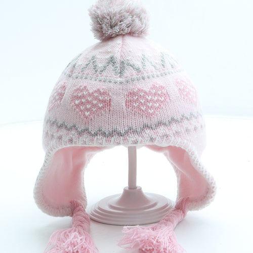 Matalan Girls Pink Acrylic Bobble Hat One Size - Pom Pom Hearts