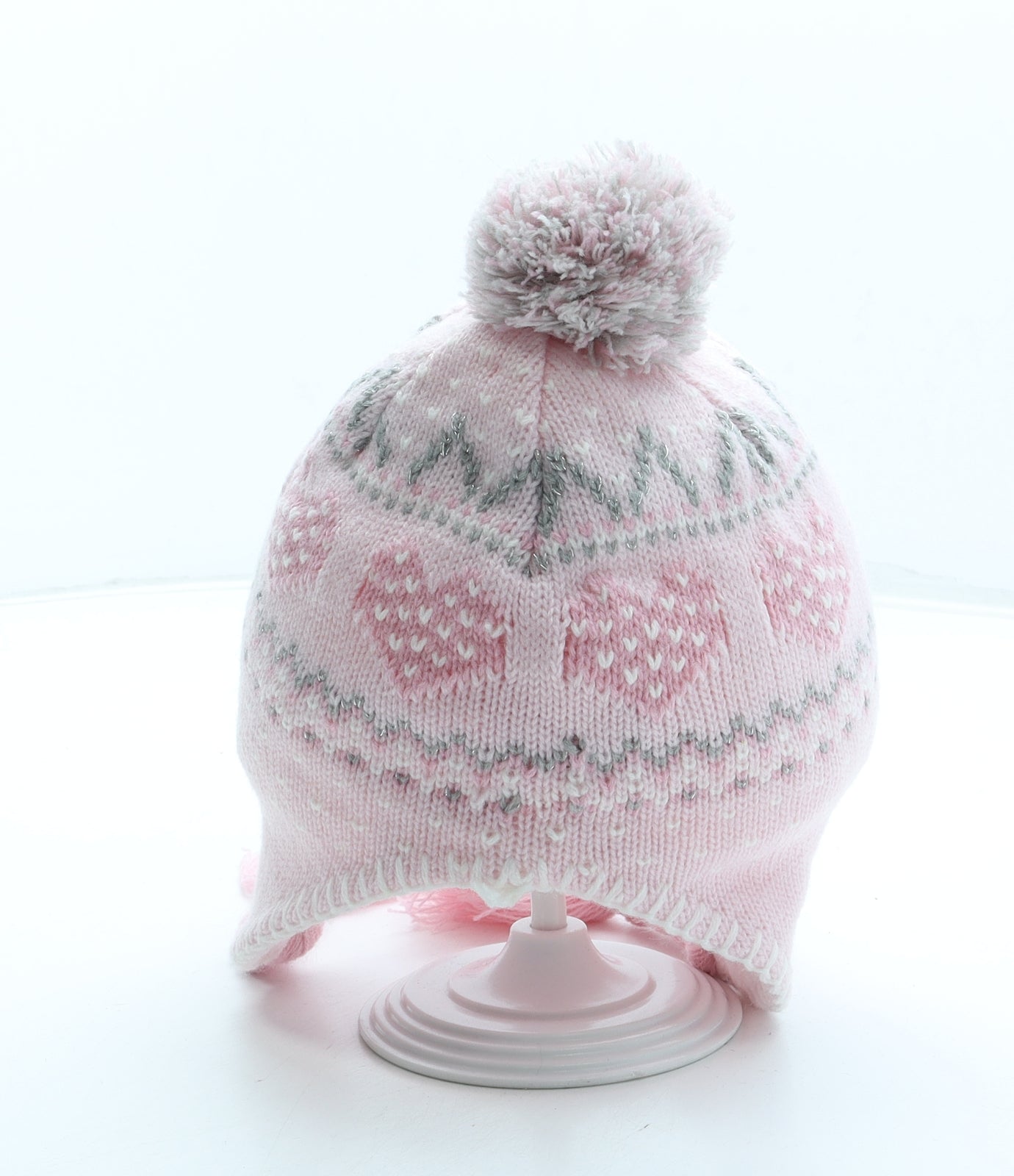 Matalan Girls Pink Acrylic Bobble Hat One Size - Pom Pom Hearts